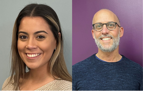 Collage featuring headshot of Kathy Bonilla on left, smiling and wear a tan shirt, and Nathaniel Meyer on right, smiling and wearing a blue sweater.